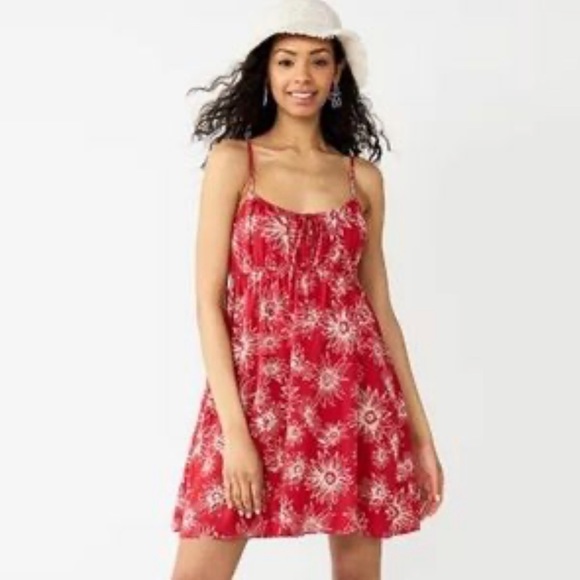 Rewind Juniors Tie Front Fit & Flare Dress, Women's SZ XXL, Red Hawaii - Picture 1 of 7